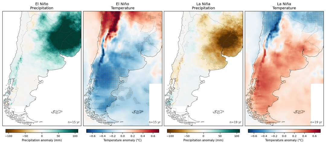 El Niño ya está aquí y los modelos ubican su pico entre octubre y diciembre, justo cuando se implantan el maíz y la soja en Argentina. Analizamos 45 años de datos para ver qué ha significado históricamente, distrito por distrito.